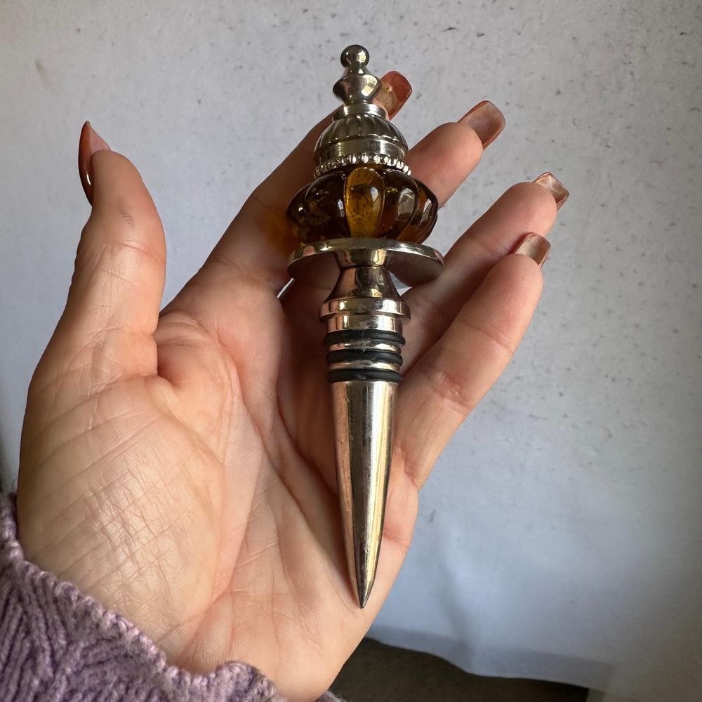 Vintage Amber Glass Bubble Wine Bottle Stopper Silver Tone Metal Barware Finial